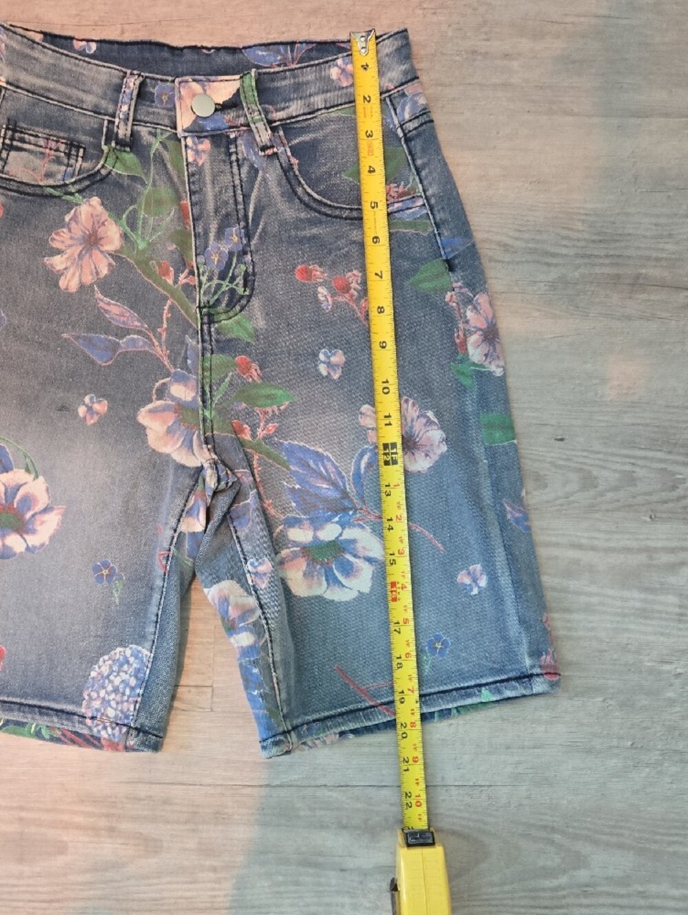 Denim Bermuda Shorts with Colorful Floral Print - Picture 6 of 8